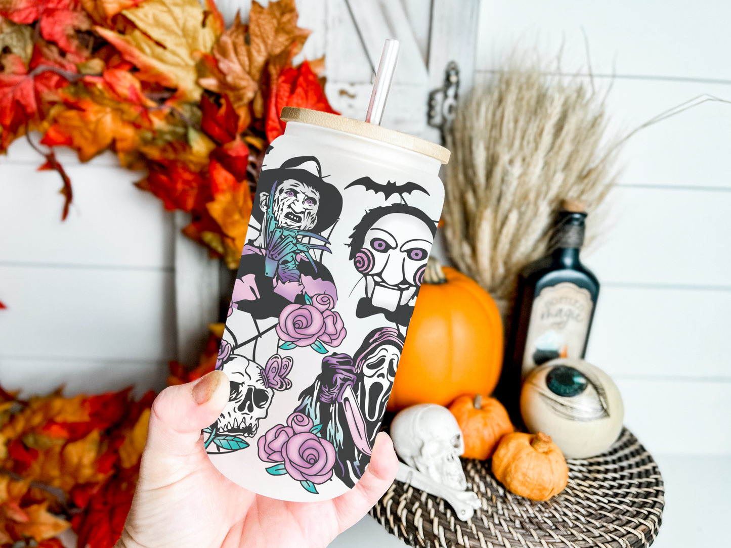 16oz Frosted or Clear Halloween Horror Characters Glass Tumbler