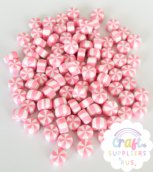 30PC Polymer Clay Pink & White Peppermint Cabochons