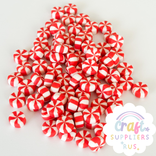 30PC Polymer Clay Red & White Peppermint Cabochons